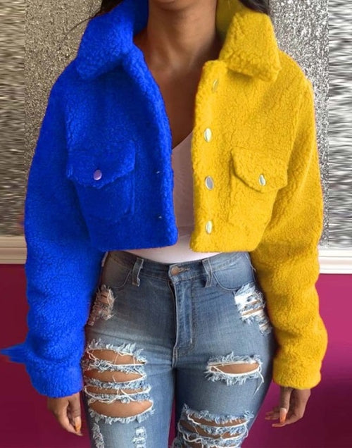 Load image into Gallery viewer, Yellow Blue Color Block Spliced Crop Jackets Women Casual Turn Down Collar Long Sleeve Coat Fall Winter Button Pocket Outwears
