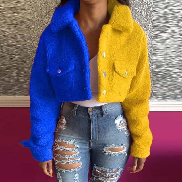 Yellow Blue Color Block Spliced Crop Jackets Women Casual Turn Down Collar Long Sleeve Coat Fall Winter Button Pocket Outwears