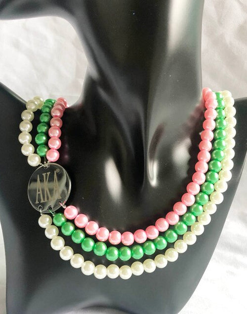 Load image into Gallery viewer, Exquisite Pink Green ALPHA DST ZPB sorority society Pearl Stainless Steel Necklace
