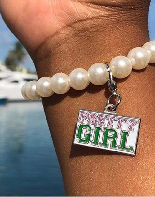 Load image into Gallery viewer, Pink And Green Greek Sorority Pretty Girl Charm Pearl Bracelet Jewelry
