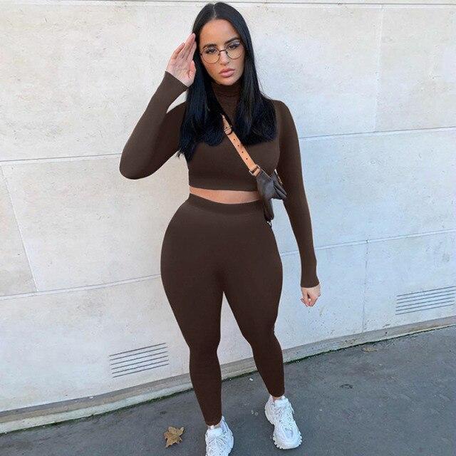 Bodycon Stretchy Two Piece Solid Color Top with Leggings