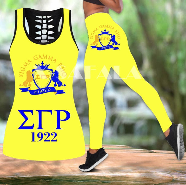 ΣΓΡ Sigma Gamma Rho Two Piece Yoga Set Women 3D Print Vest Hollow Out Tank Top High Waist Legging Summer Casual Sport-5