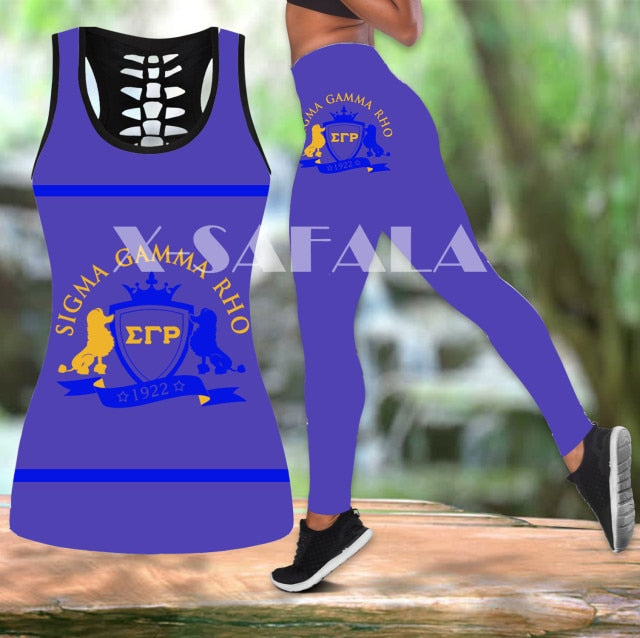 ΣΓΡ Sigma Gamma Rho Two Piece Yoga Set Women 3D Print Vest Hollow Out Tank Top High Waist Legging Summer Casual Sport-5