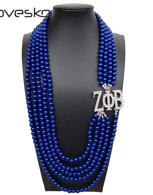 Load image into Gallery viewer, Topvekso Greece Greek Sorority Zeta Phi Beta  5 Layers Blue Pearl ZPB  Pendant Multilayer Statement Jewelry Long Choker
